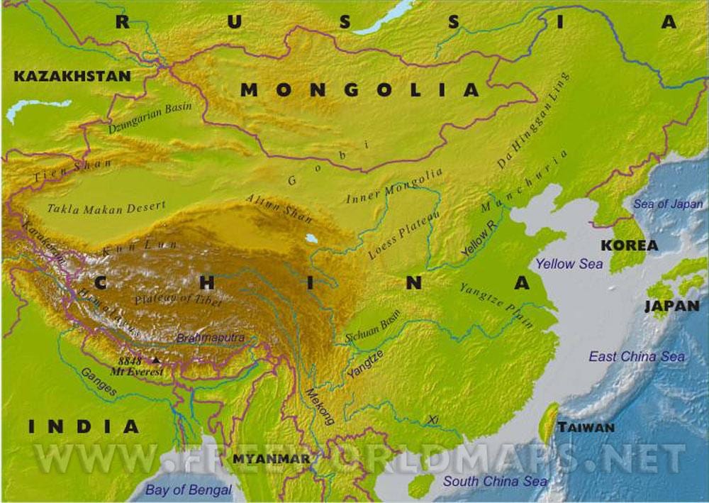 kaart Hiina geograafilised omadused